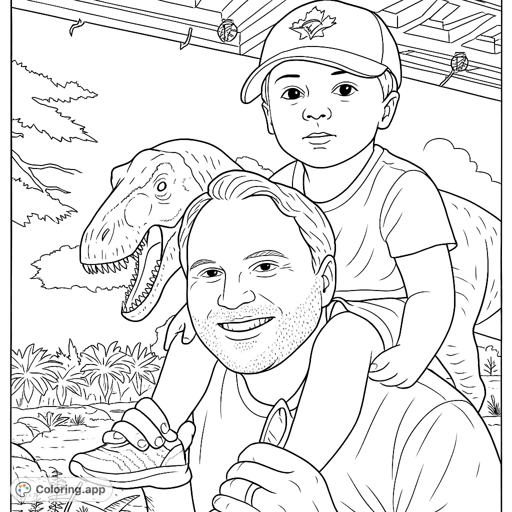 A thrilling dinosaur park coloring page featuring a father and child with a T-Rex, perfect for free printable coloring page fun and family adventure coloring pages for kids and adults.