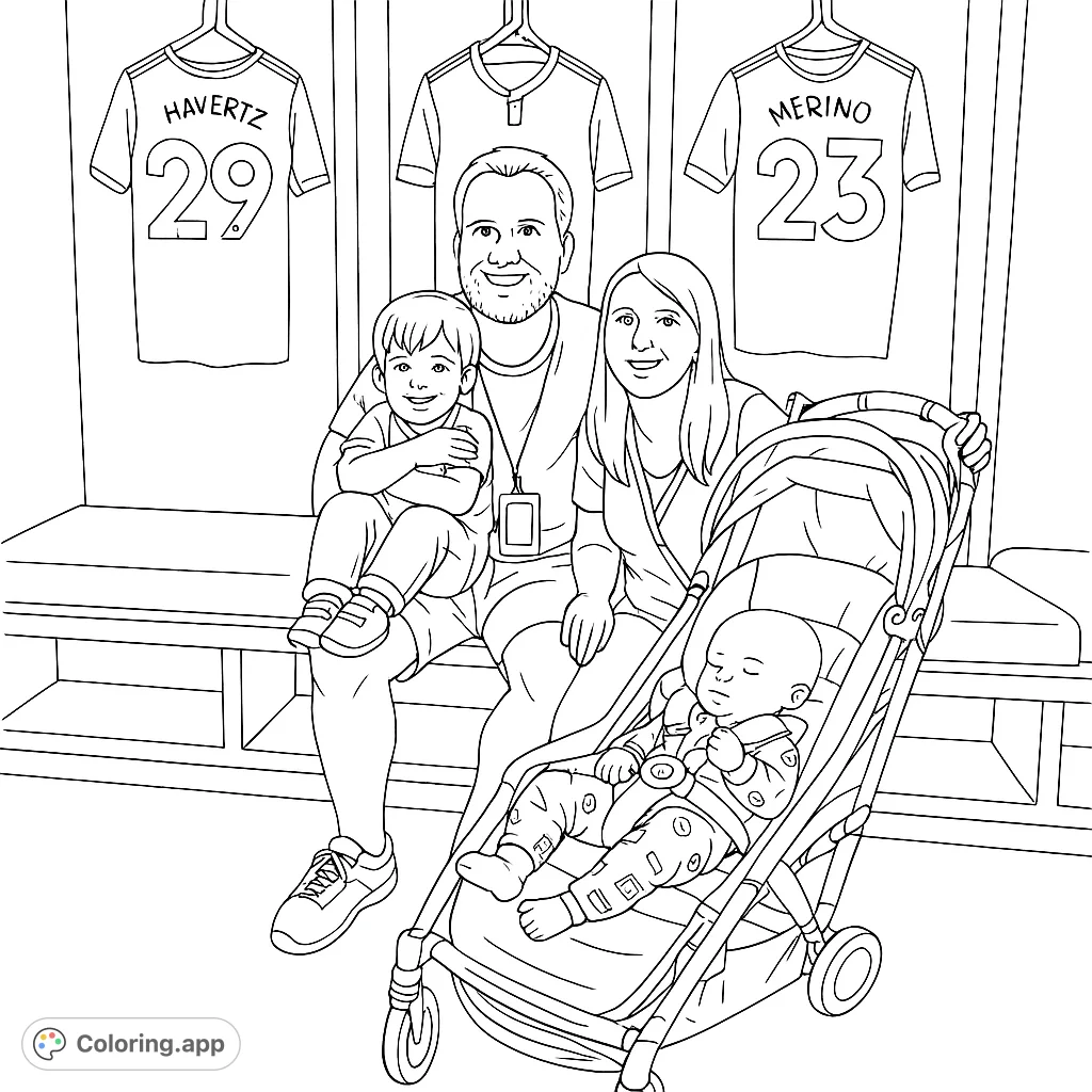 A heartwarming family portrait in a sports locker room, featuring parents, a toddler, and a baby in a stroller, with hanging jerseys.