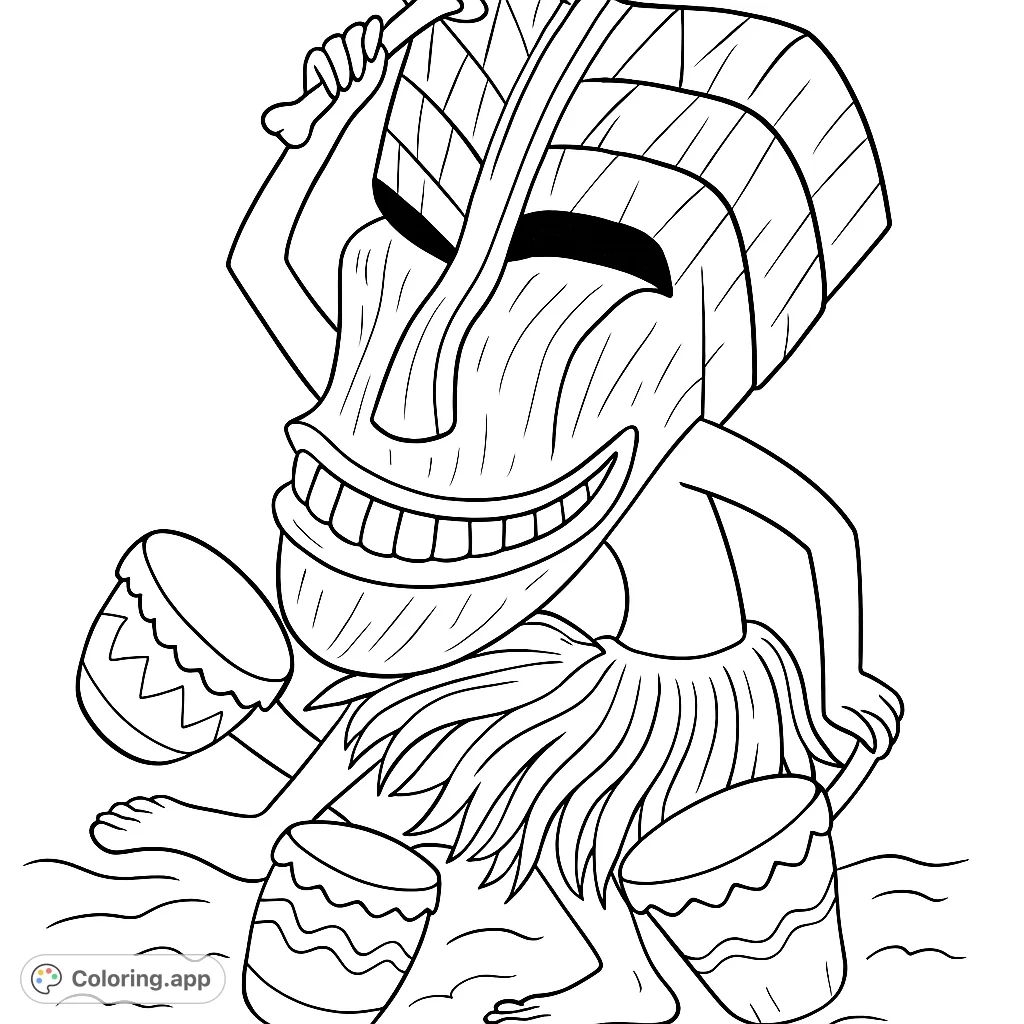 A joyful Tiki mask figure plays drums, wearing a grass skirt. Perfect for a tropical escape, this free printable coloring page brings island vibes to life for all ages.