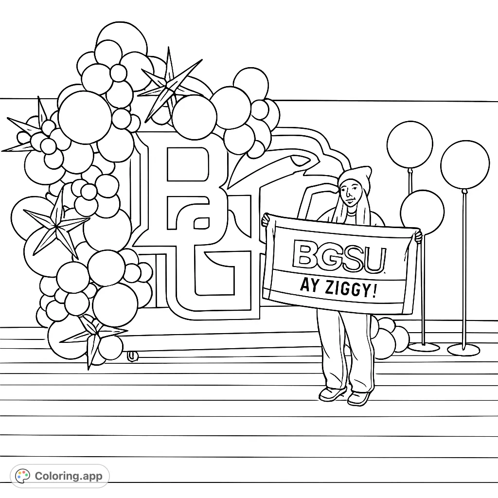 Celebrate school spirit with a festive campus scene featuring a person holding a banner, large letters, and balloons. Perfect for university pride!