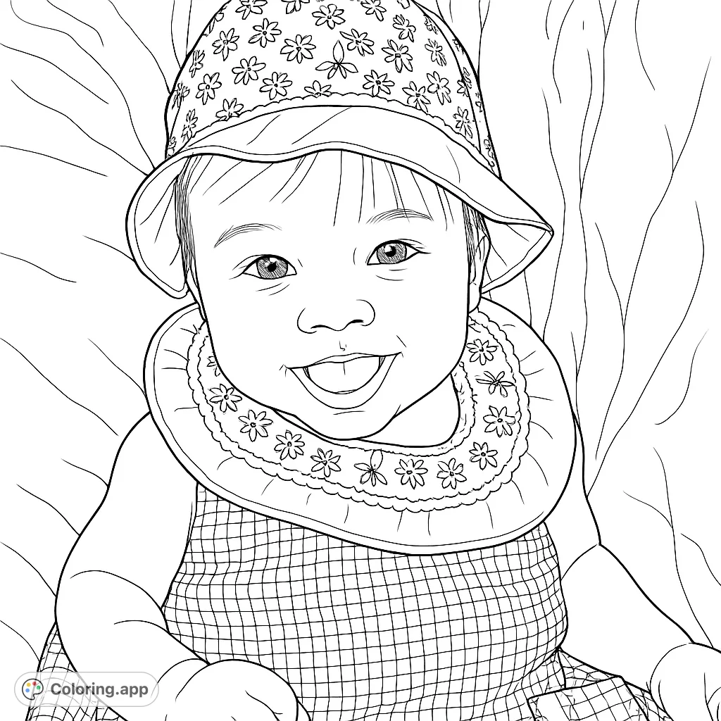 A delightful baby coloring page featuring a smiling infant in a floral hat and bib, perfect for a free printable coloring page for kids and adults.