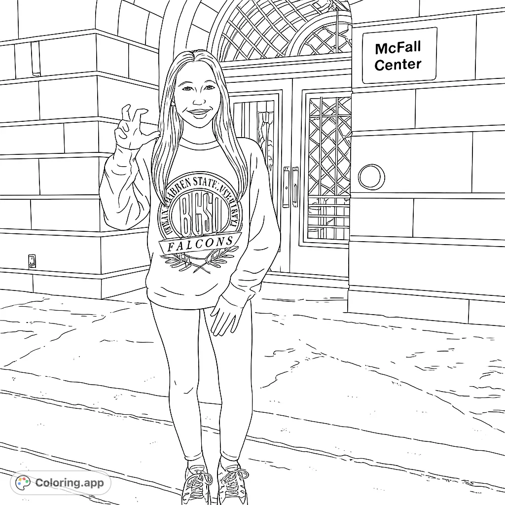 A cheerful student stands before a grand university building, ready for a vibrant splash of color. Perfect for campus life enthusiasts!