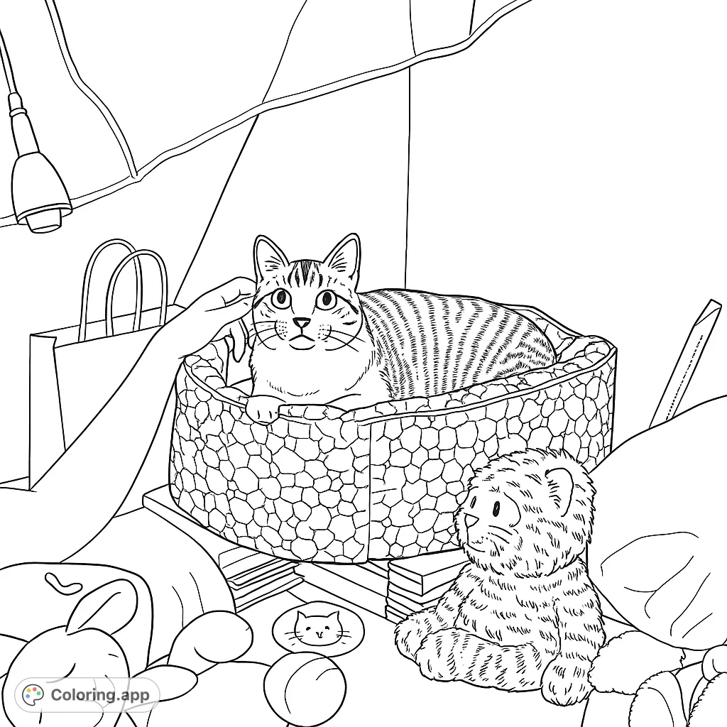 A charming tabby cat nestled in a woven basket, being gently petted, surrounded by cozy items. A delightful free printable cat coloring page.