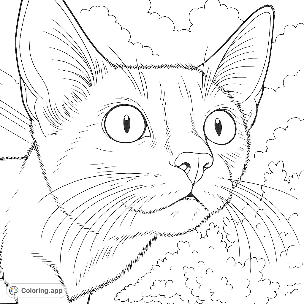 A captivating cat coloring page featuring a curious feline with wide eyes and expressive whiskers, set against a soft, cloud-like background.