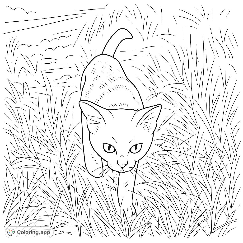 A curious cat stalks through a field of tall grass in this charming black and white line drawing, perfect for a relaxing coloring adventure.