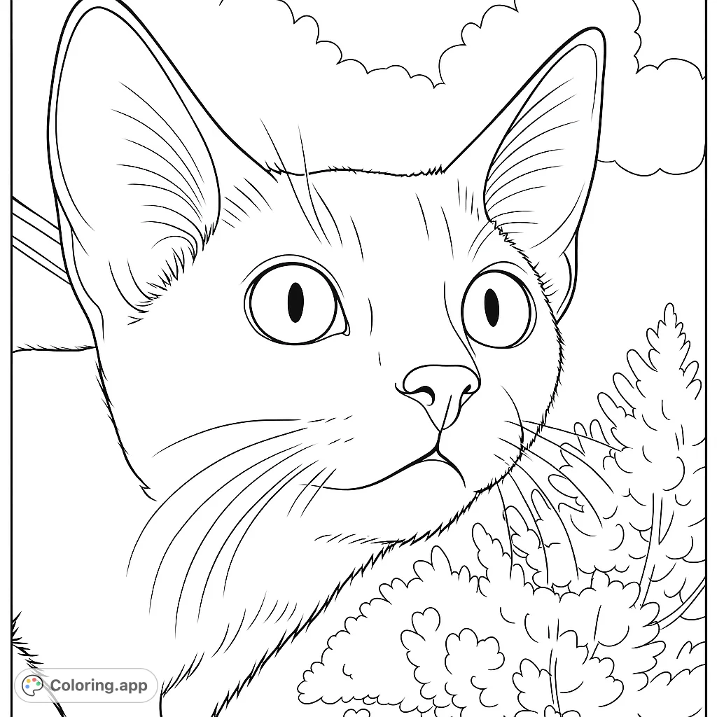A captivating curious cat coloring page, perfect for animal lovers. Features a wide-eyed feline portrait with detailed fur and whiskers.