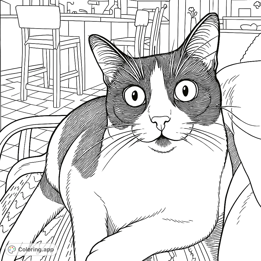 A charming tuxedo cat with wide, curious eyes rests in a cozy home setting, perfect for a delightful coloring adventure.