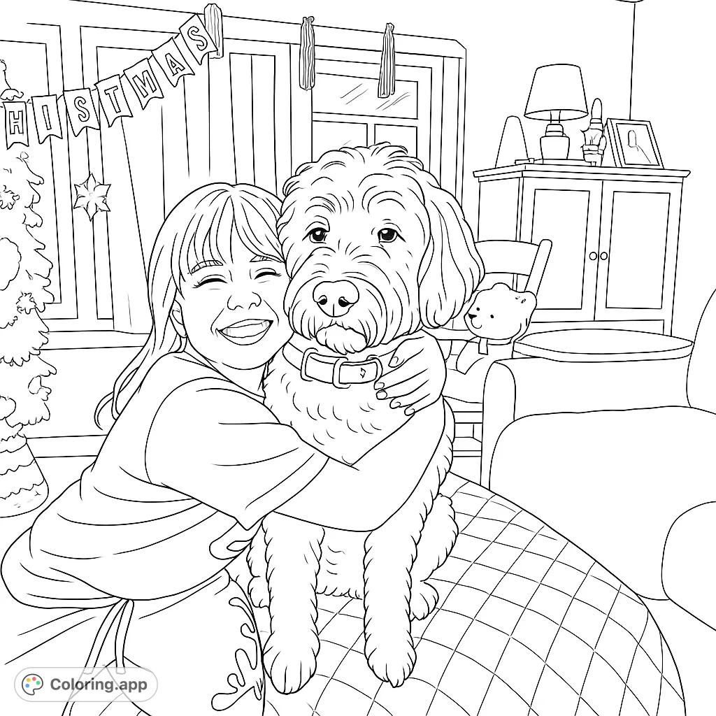 A heartwarming Christmas coloring page featuring a joyful girl hugging her fluffy dog in a festive living room. Perfect for holiday cheer and pet lovers!