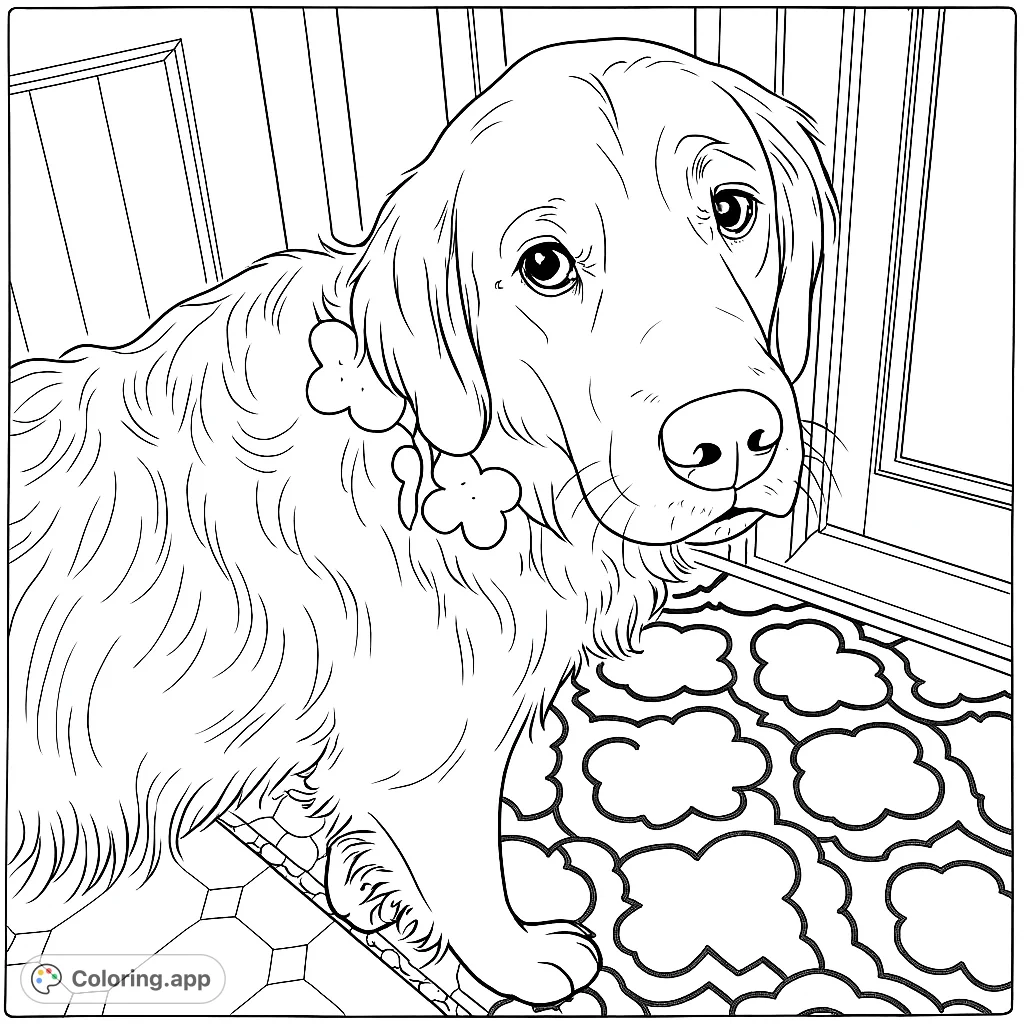 A charming golden retriever coloring page featuring a friendly dog with lucky clovers, perfect for dog lovers. Free printable coloring page for kids and adults.
