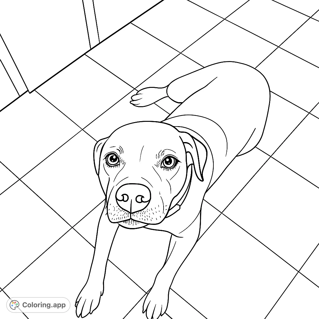 A charming dog lies on a tiled floor, gazing up with expressive eyes. Perfect for dog lovers to color and bring to life.