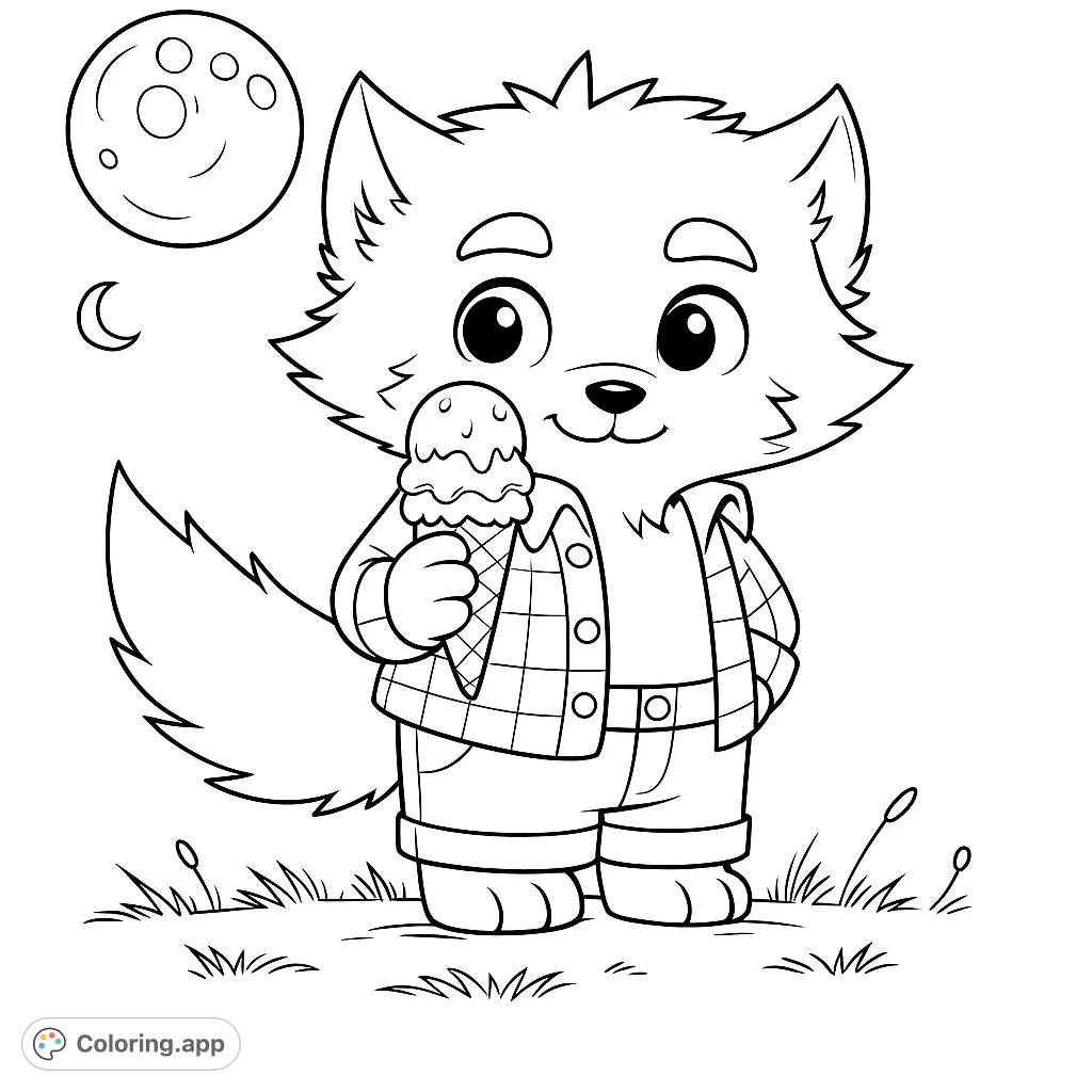 A delightful wolf character enjoys an ice cream cone under the moon. A charming free printable wolf coloring page for kids and adults.
