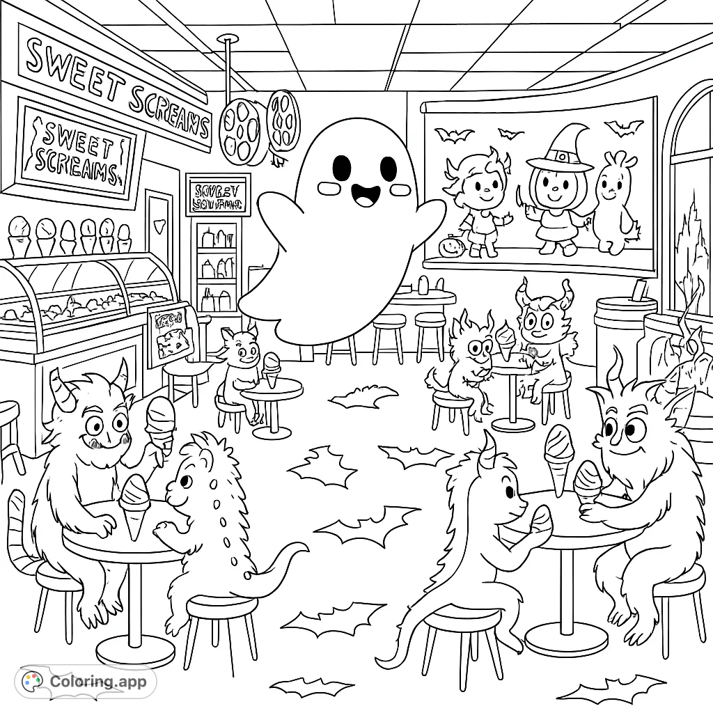 Cute monsters and a friendly ghost enjoy ice cream at a Halloween-themed shop. A fun, free printable coloring page for kids and adults.