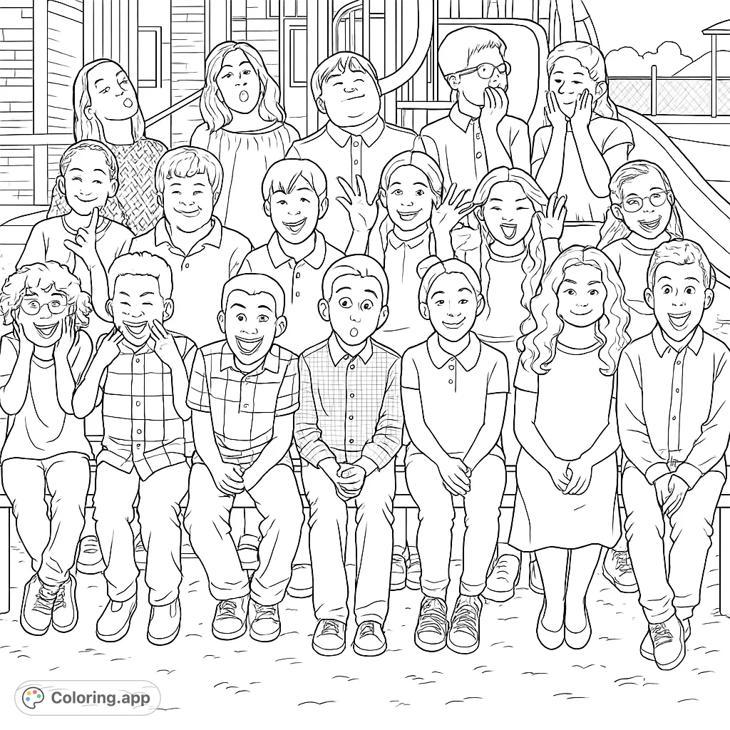 A vibrant group of diverse people, young and old, sharing joyful and funny expressions. Perfect for a community gathering coloring page.