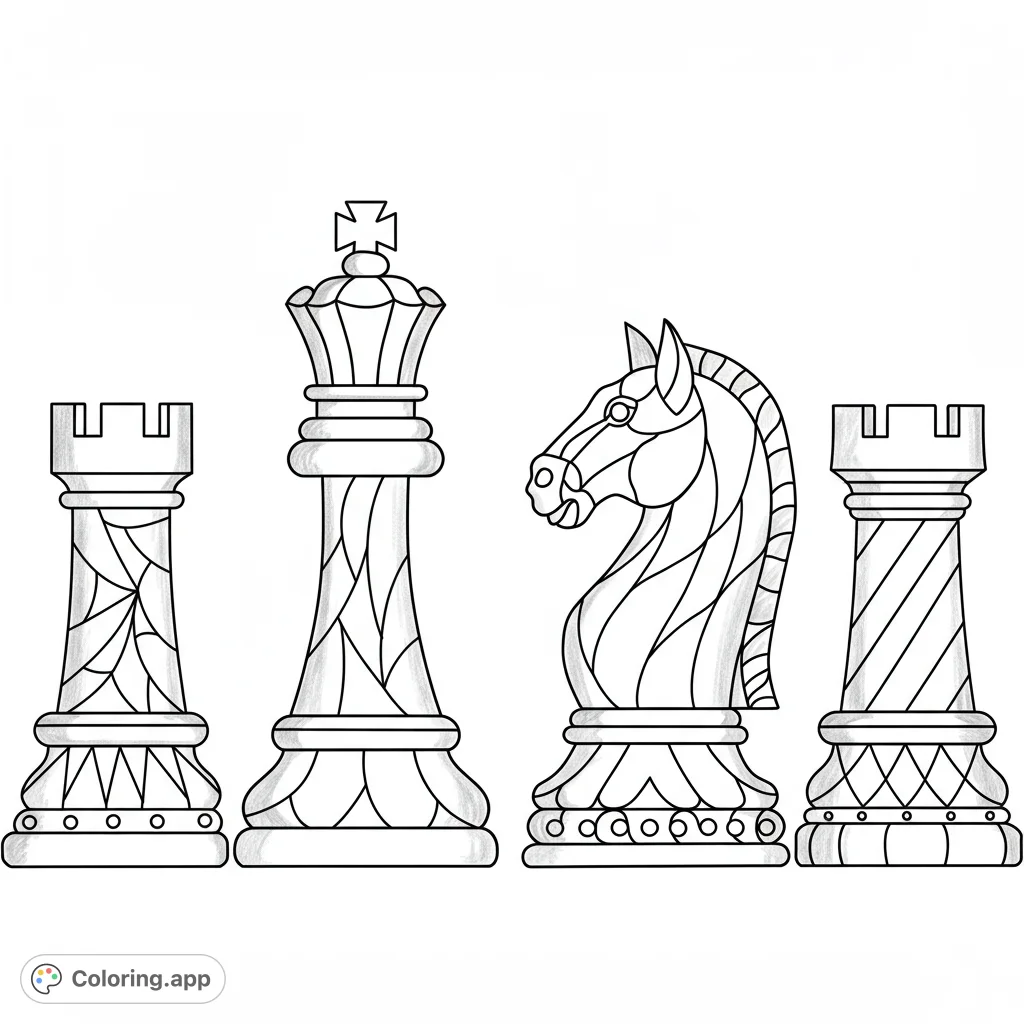 Chess pieces in a stained glass style coloring page. Features detailed chess set elements with a beautiful design.
