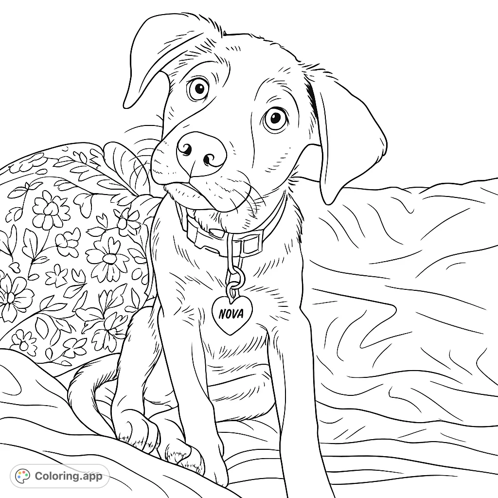 An adorable puppy sits on a floral pillow, ready for a splash of color. A charming free printable puppy coloring page for kids and adults.