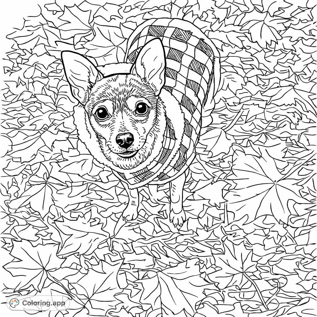 An adorable small dog in a checkered coat surrounded by a dense carpet of fallen autumn leaves. Perfect for fall season coloring page enthusiasts.