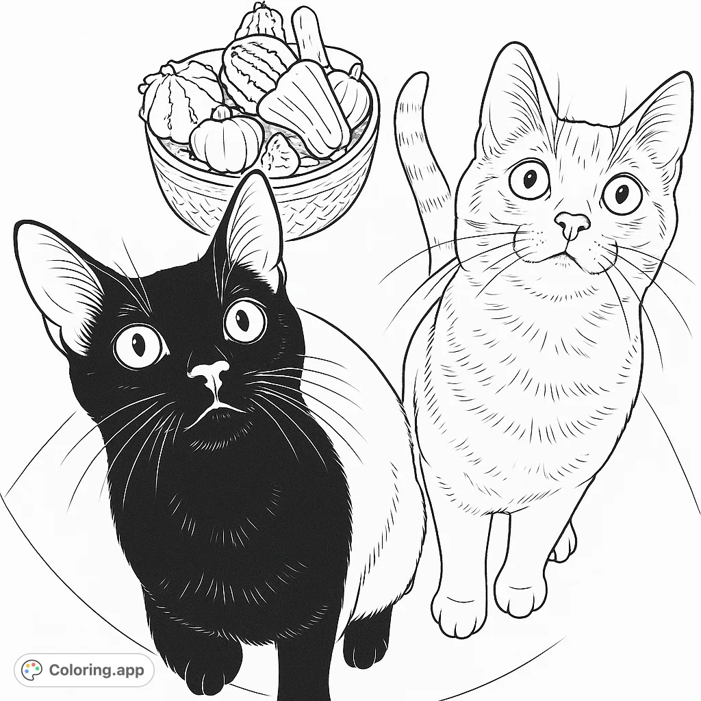 Two curious cats gaze up beside a basket of autumn gourds. A charming, free printable cat coloring page perfect for all ages to enjoy.