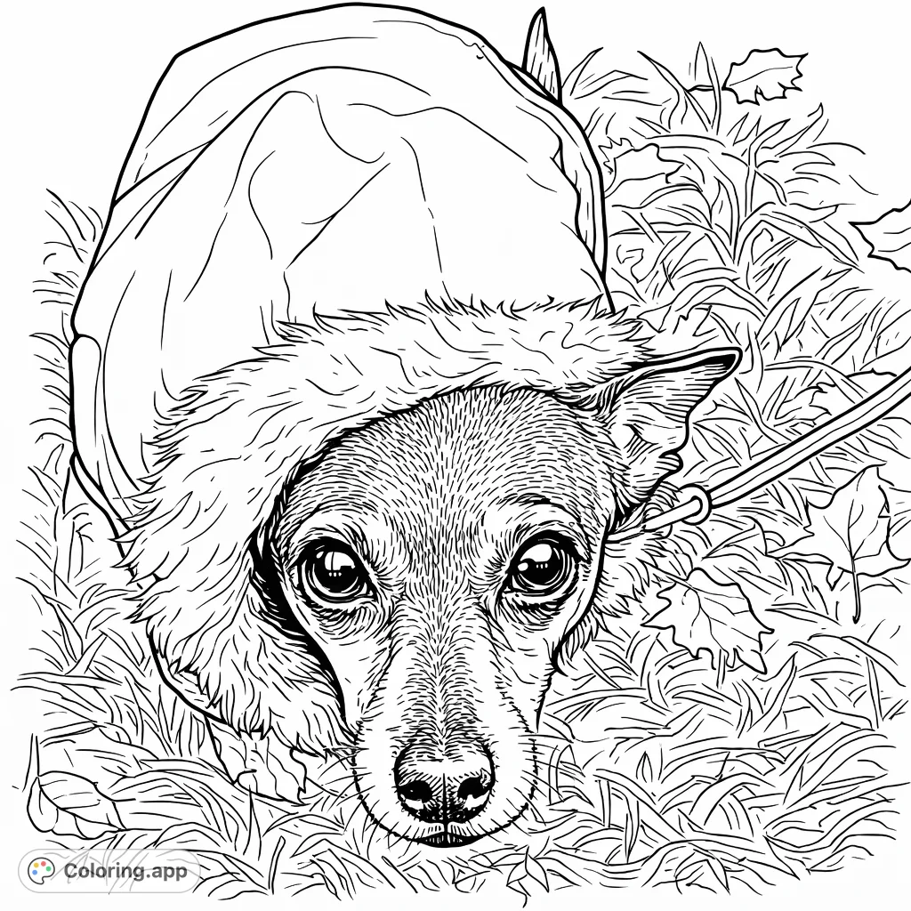 A heartwarming dog coloring page featuring a small, endearing dog in a cozy jacket on a grassy lawn. Perfect for dog lovers of all ages!