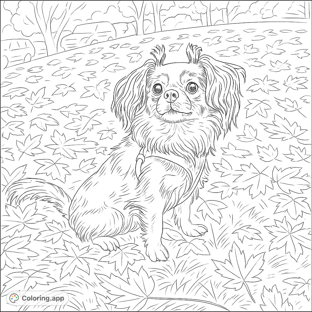 A charming fluffy dog sits amidst a vibrant carpet of autumn leaves, ready for your creative touch. Perfect for dog lovers and fall enthusiasts!