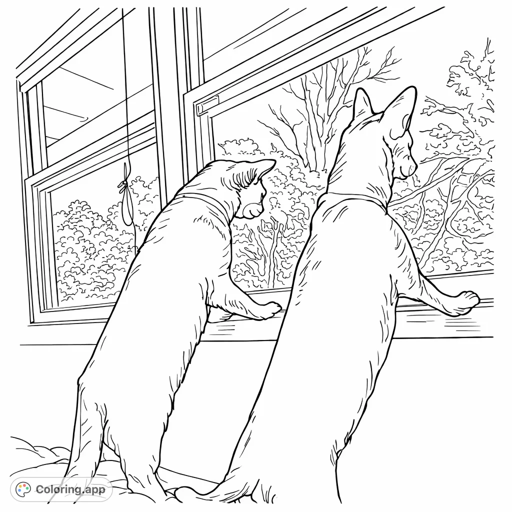 Two beloved pets, a cat and a dog, stand on their hind legs at a window, watching the world go by. A charming scene perfect for animal lovers.