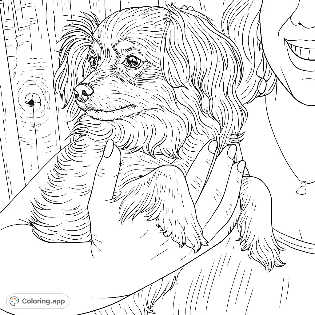 Adorable fluffy dog lovingly held by a person, set against a rustic wooden background. A heartwarming pet coloring page for all ages.