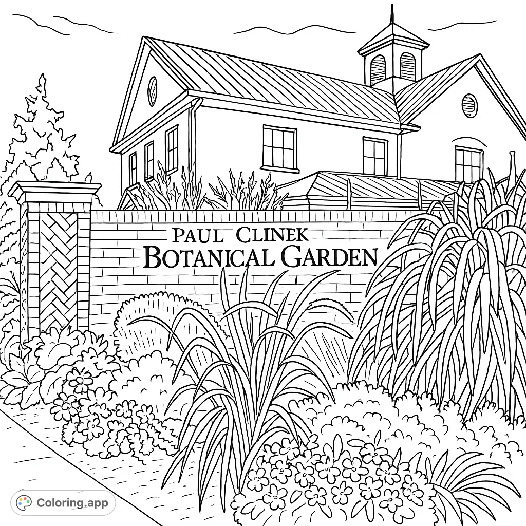 Explore a detailed botanical garden entrance featuring a grand building, a textured brick wall with signage, and a variety of lush plants and flowers.