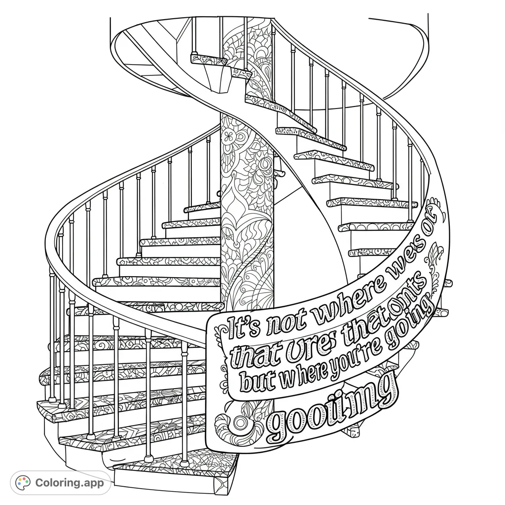 Discover an intricate spiral staircase coloring page, featuring detailed patterns on steps and a central column, perfect for mindful coloring.