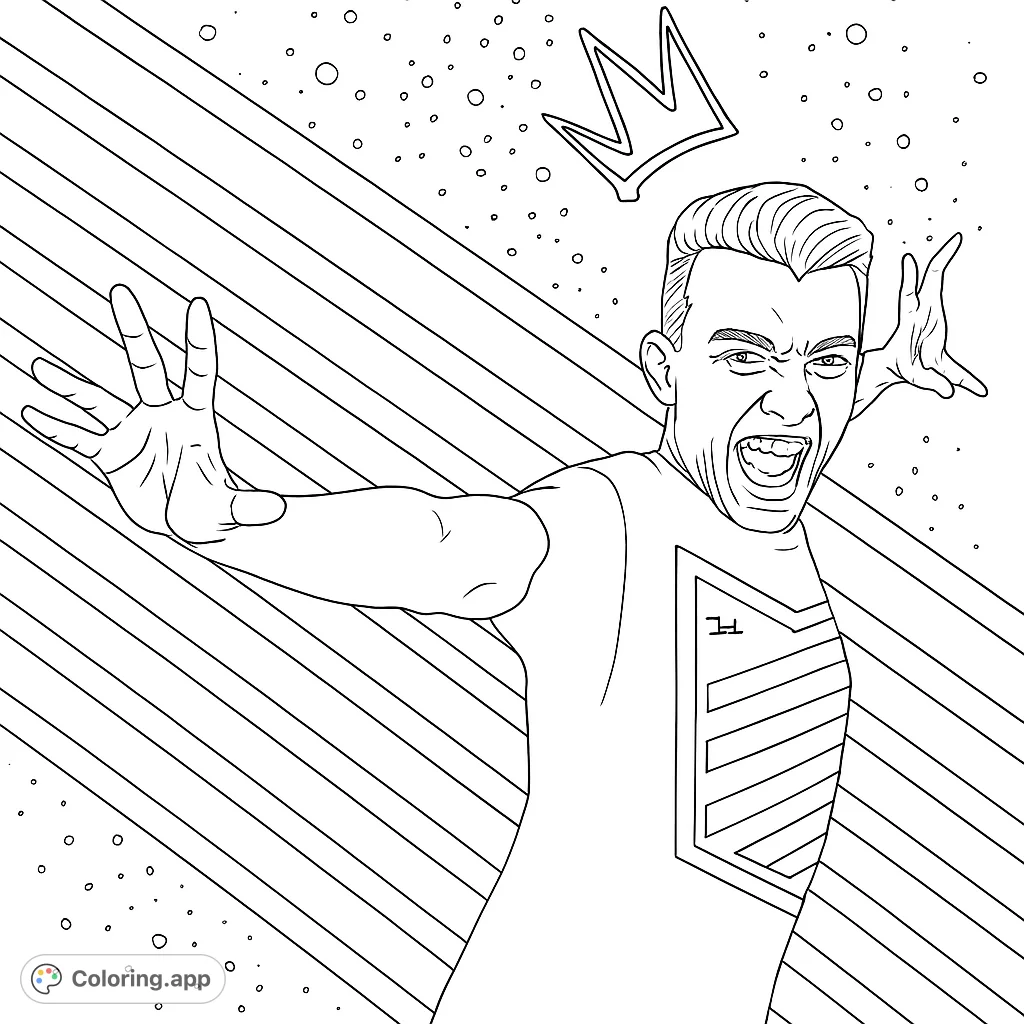 Dynamic man with a crown, expressive pose, and geometric background. A fun, free printable coloring page for all ages.