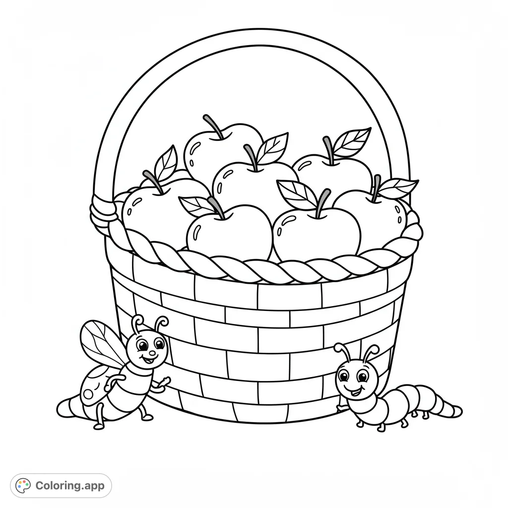 A charming apple harvest coloring page featuring a full basket of apples, a cute bee, and a friendly caterpillar. Perfect for autumn fun!