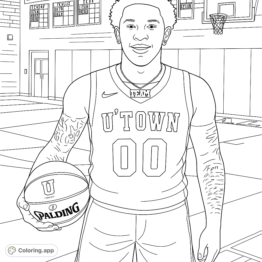 Dynamic basketball player in jersey, holding a ball on court. A free printable coloring page for sports fans and a great basketball coloring page for kids and adults!
