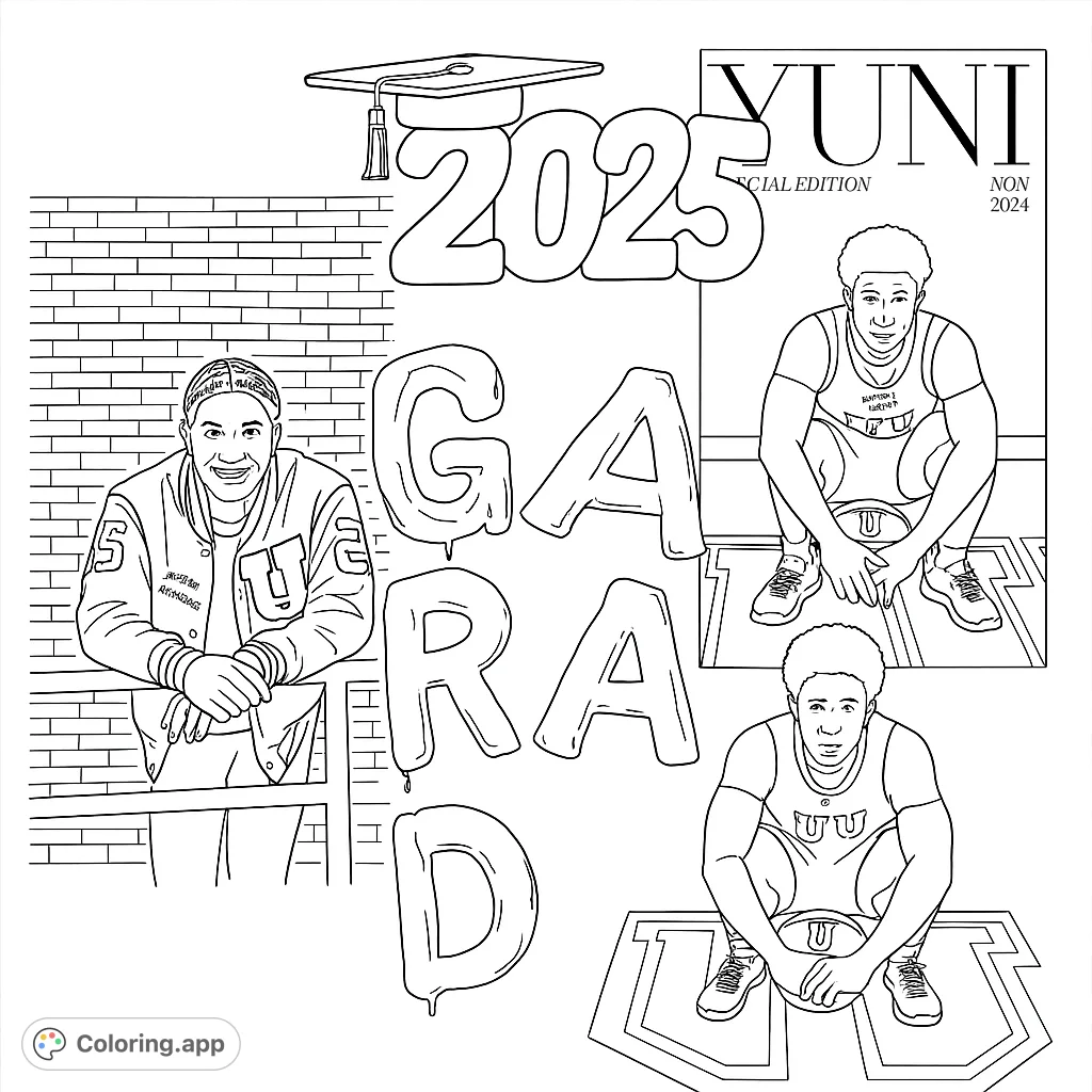 Celebrate achievement with this graduation athlete coloring page! Features a young man in a letterman jacket, bold grad numbers, and dynamic basketball scenes.