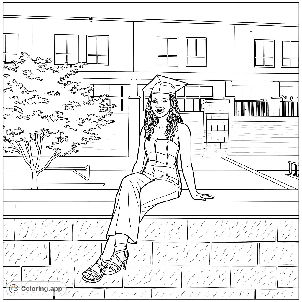 Celebrate achievement with this graduation coloring page! A smiling graduate sits on a stone wall, ready for new beginnings.