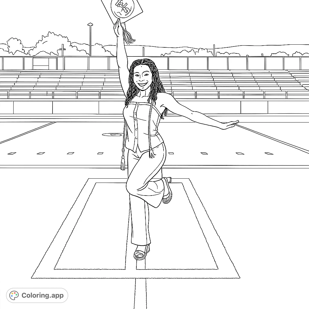 Celebrate achievement with this joyful graduate on an athletic field, holding her cap high. A perfect graduation coloring page for all ages.
