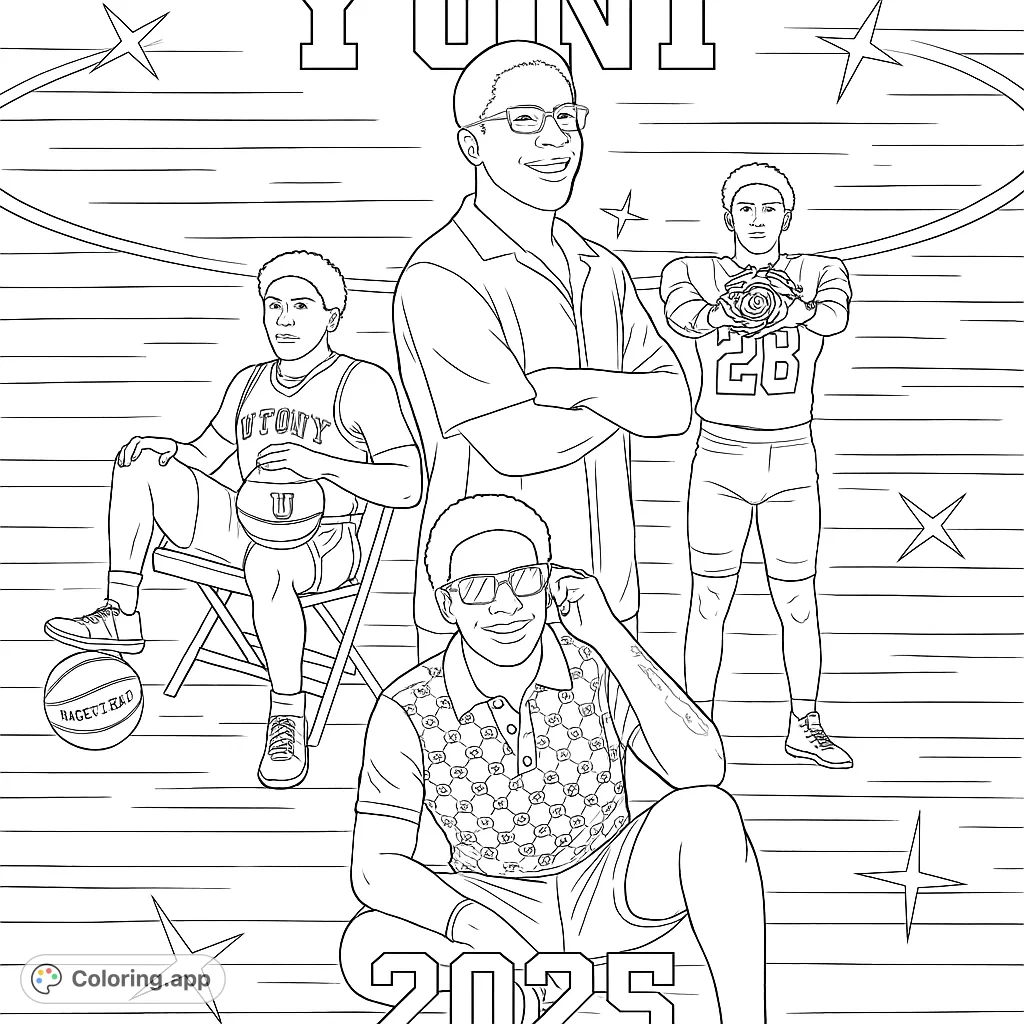 Explore a personal journey coloring page featuring four distinct male figures representing different life stages and aspirations, perfect for reflection.