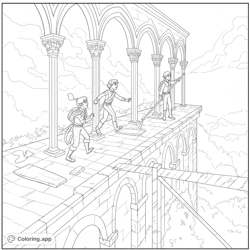 An epic fantasy adventure coloring page featuring three explorers on a grand arched bridge high above the clouds. Perfect for imaginative journeys.