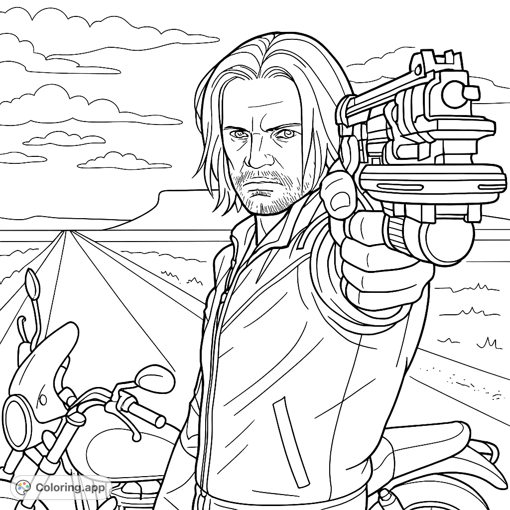 Intense road warrior with a pistol, standing by his motorcycle on a long highway. A free printable action-packed coloring page for adults.