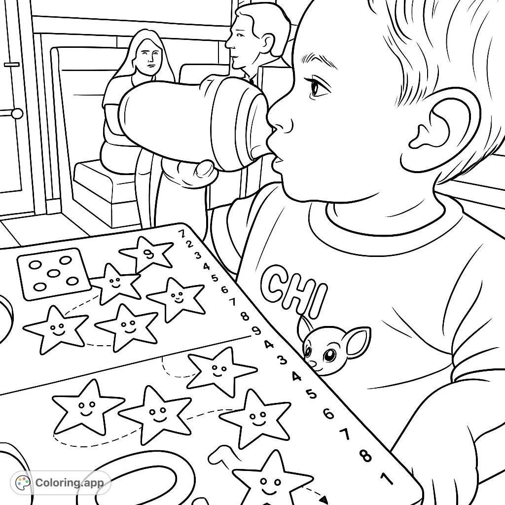 A delightful kids coloring page featuring a child enjoying a drink while exploring an educational book filled with stars and numbers. Perfect for young learners!