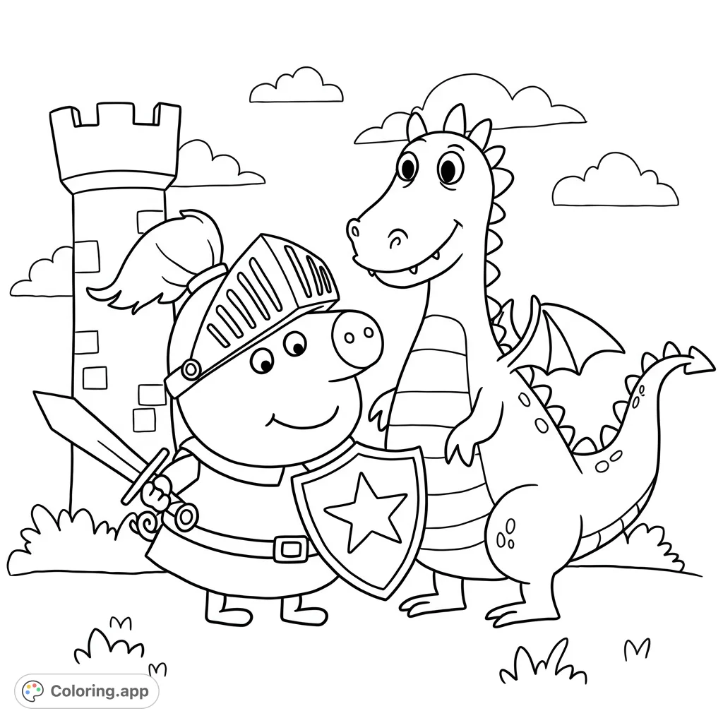 Join George Pig, the brave knight, as he faces a friendly dragon in this delightful black and white line drawing, perfect for coloring fun!