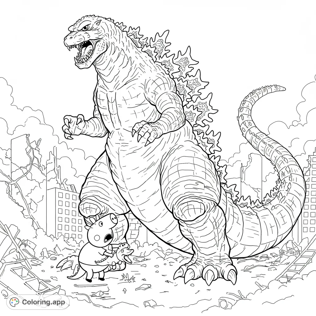 An epic Godzilla vs. George Pig coloring page!