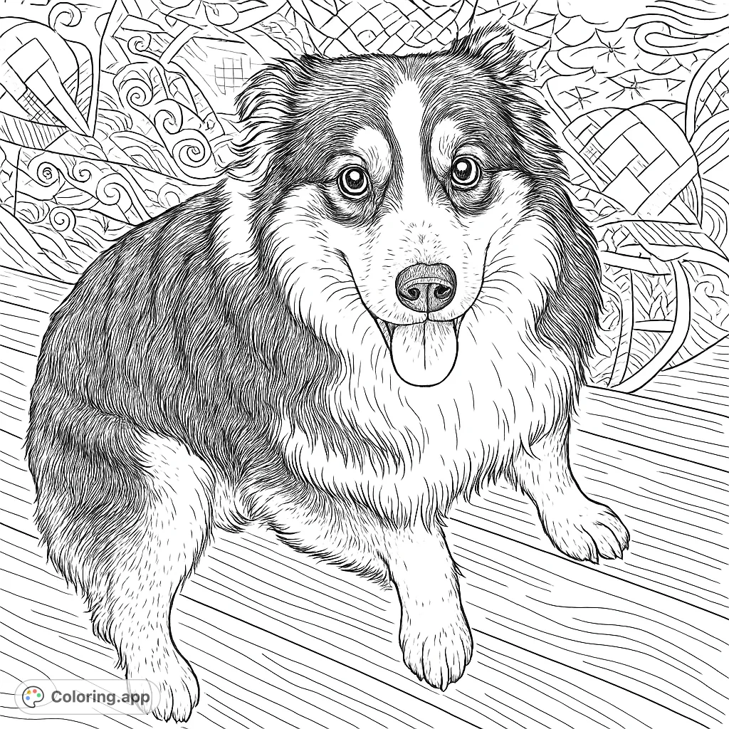 A charming fluffy dog with expressive eyes sits on wooden planks, set against an intricate abstract background. A delightful free printable dog coloring page.