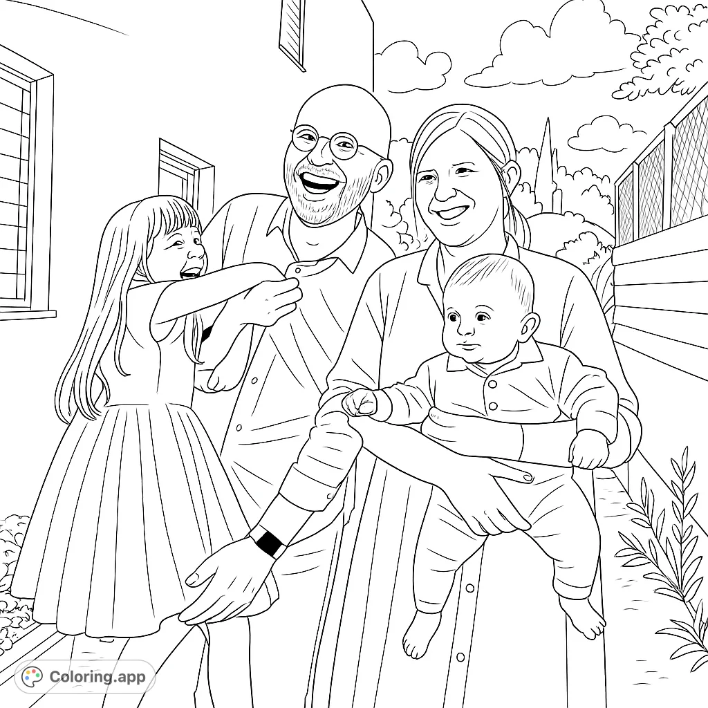 A heartwarming family portrait coloring page featuring parents, a young girl, and a baby, perfect for celebrating family bonds.