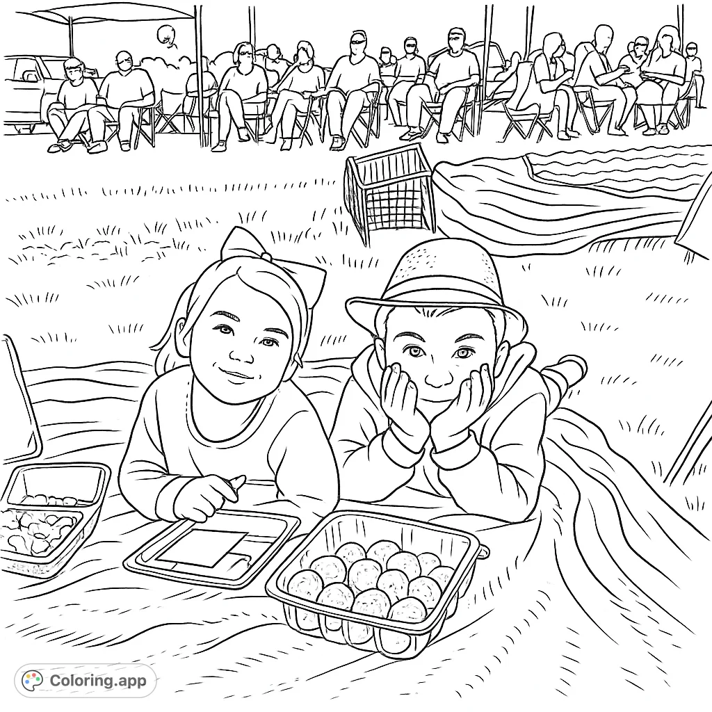 A delightful picnic scene featuring two happy children with snacks, surrounded by family and friends enjoying an outdoor gathering. Perfect for a relaxing coloring session.