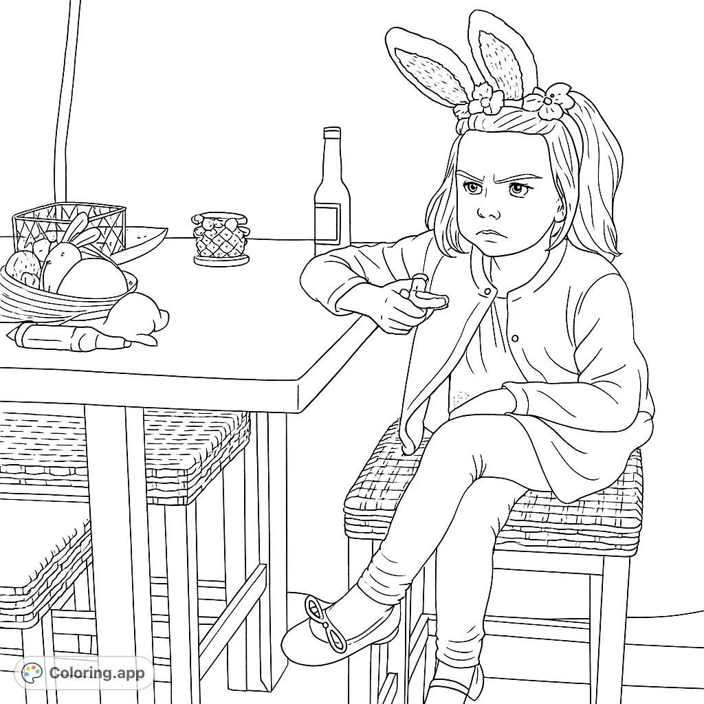 A funny Easter coloring page featuring a grumpy child in bunny ears at a table with eggs. Free printable coloring page for kids.