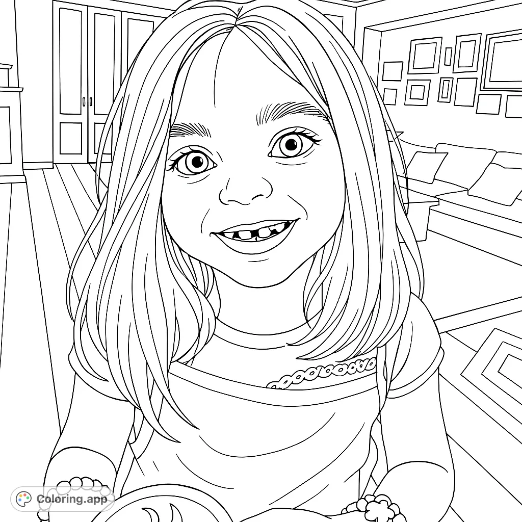 A delightful girl with a gap-toothed smile in a cozy living room. A charming free printable coloring page for kids and adults.