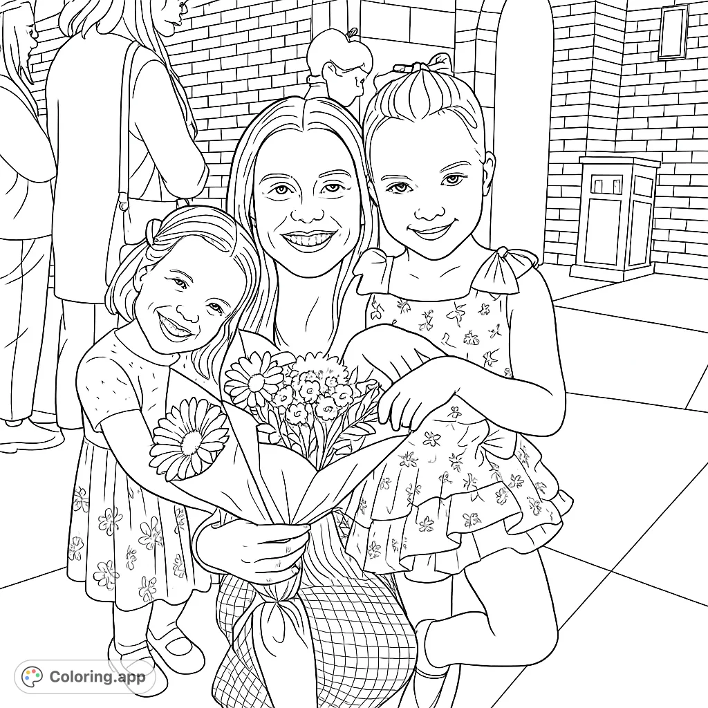 A heartwarming family coloring page featuring a mother and two smiling daughters holding a beautiful bouquet of flowers, perfect for all ages.