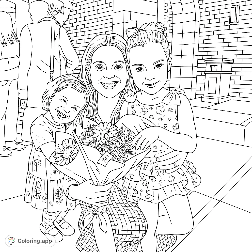 A heartwarming family portrait coloring page featuring a mother embracing her two smiling daughters, holding a beautiful bouquet of flowers.