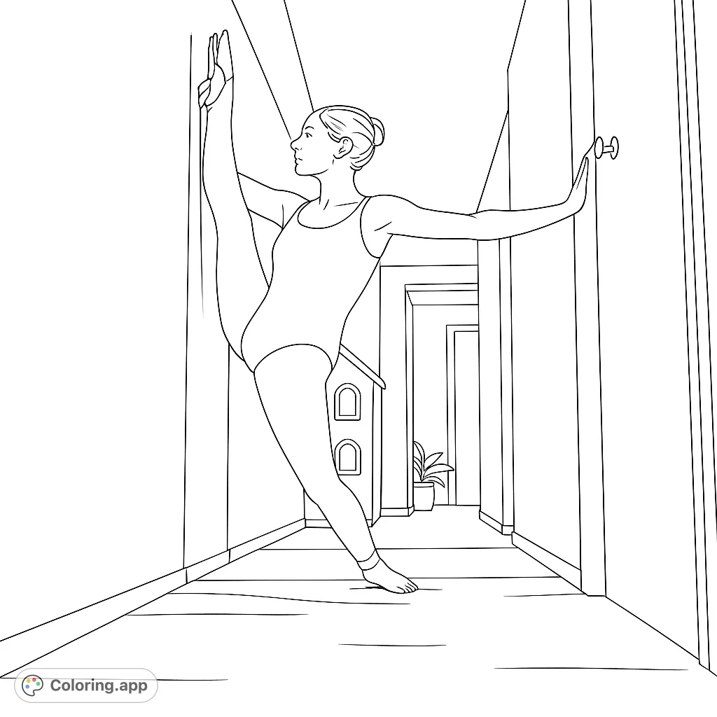 Graceful ballerina stretching in a hallway, showcasing elegance and flexibility. A beautiful dance coloring page for all ages.