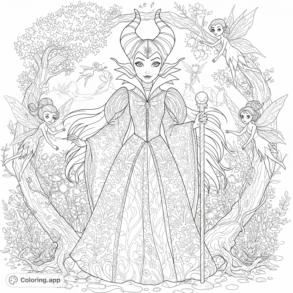 A majestic queen with horns and a staff stands amidst an enchanted forest, surrounded by whimsical fairies. Intricate details for magical coloring.