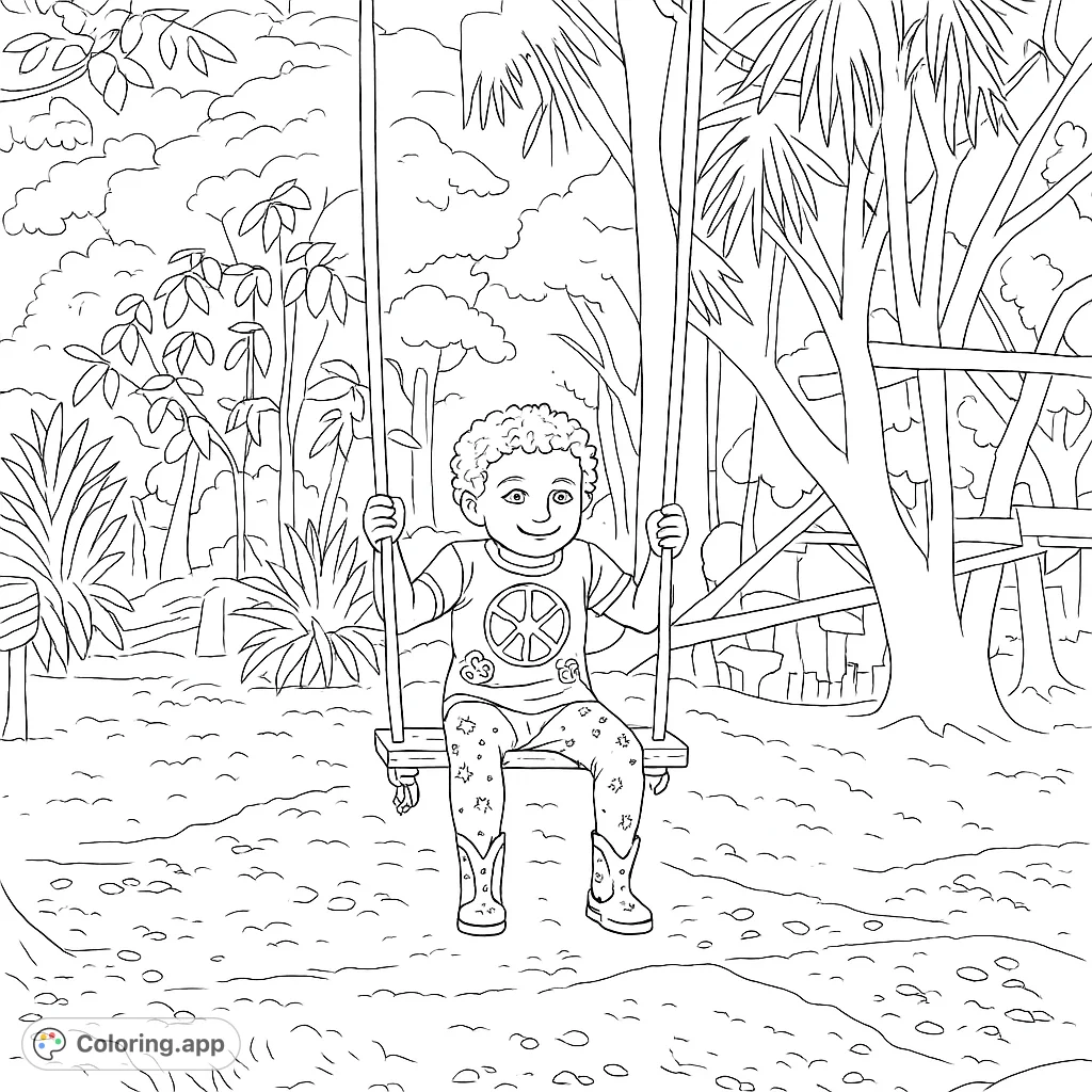 A joyful child on a swing in a lush jungle, featuring detailed foliage and a charming smile. Perfect for a free printable nature coloring page.