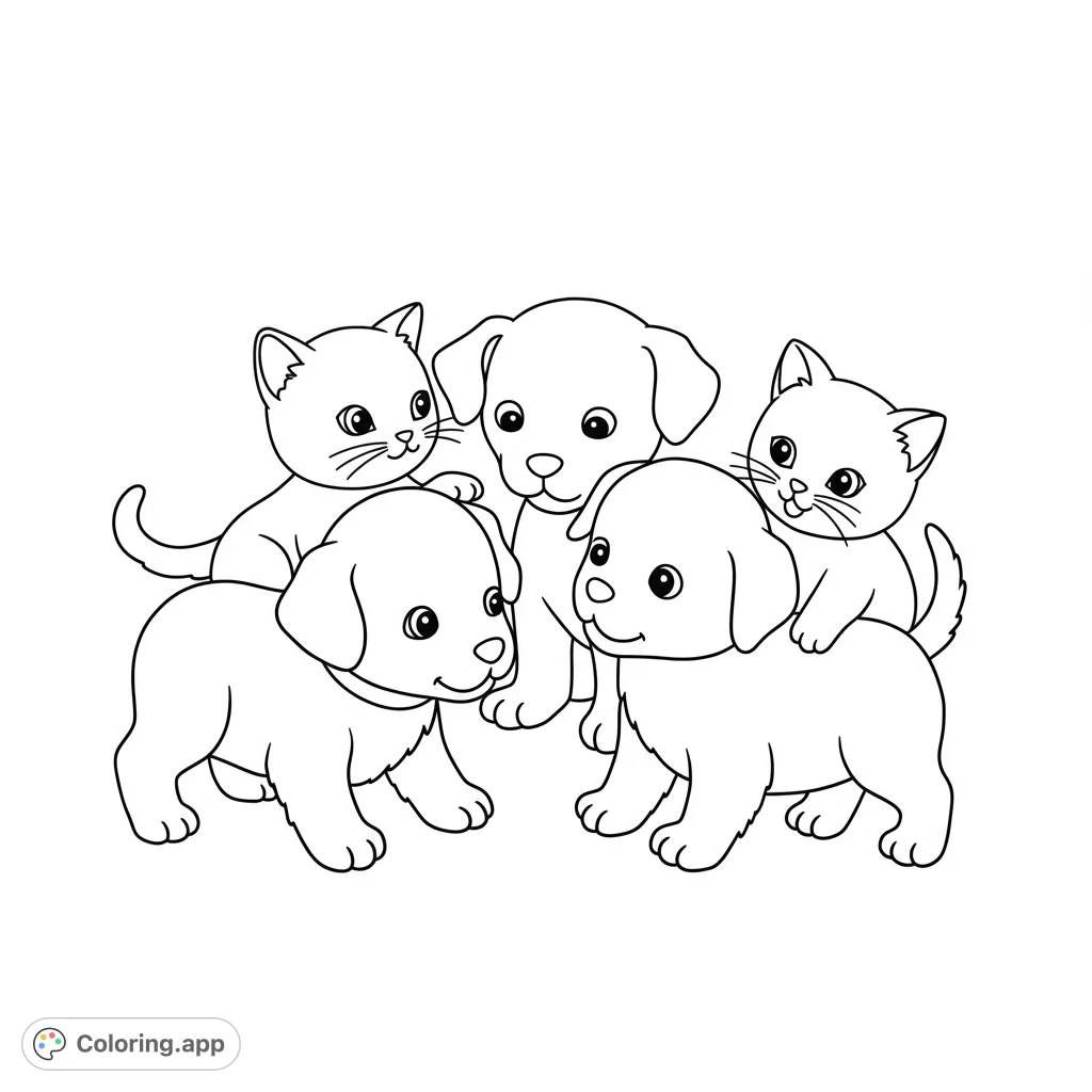 Adorable puppies and kittens gather in a charming group, ready for a splash of color. A delightful free printable coloring page for all ages!